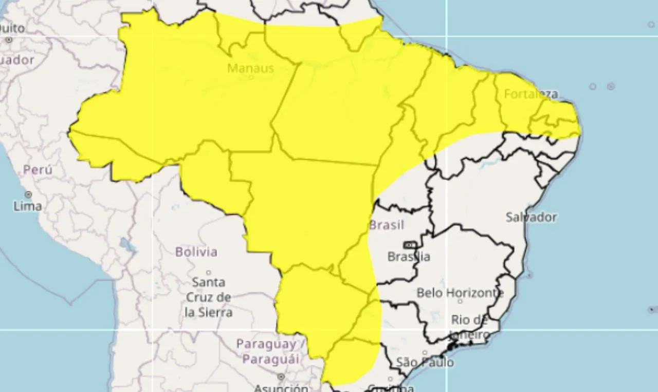 o mapa mostra as &aacute;reas em alerta para chuva intensa e ventos em grande parte do Brasil